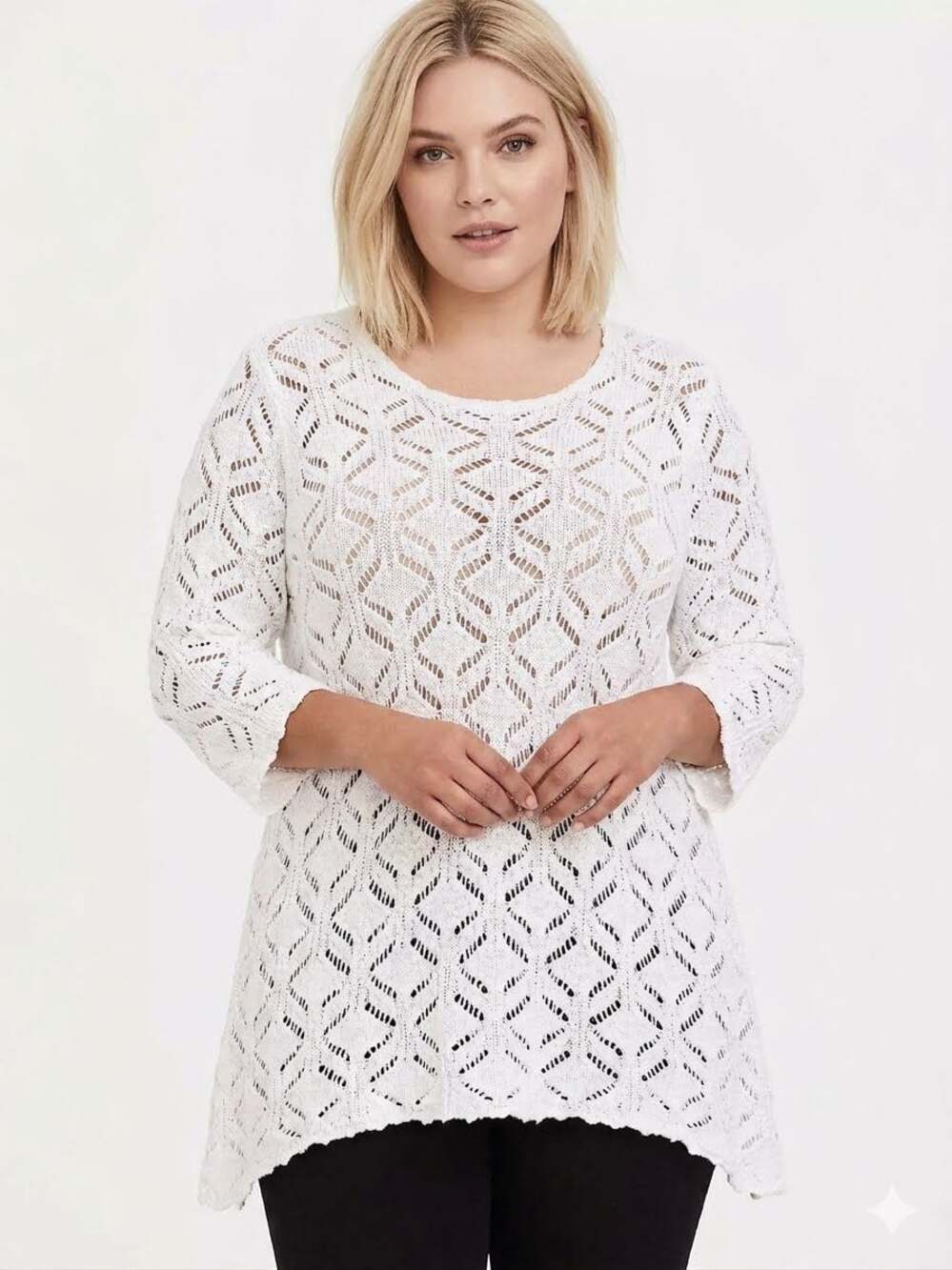 XL  J.Jill White Crochet Open Knit Tunic 3/4 Sleeve Top Medium Missy Boho